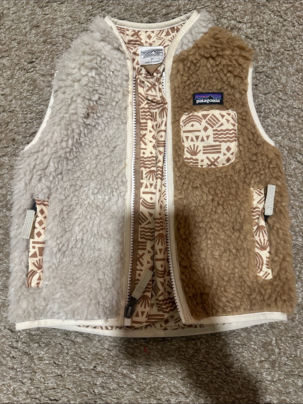 Patagonia Two-Tone Sherpa Vest in Cream & Brown